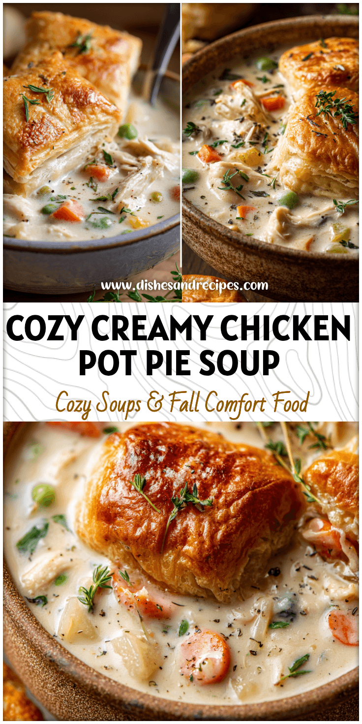 A creamy Chicken Pot Pie Soup served in a rustic bowl with golden crust pieces and fresh herbs.